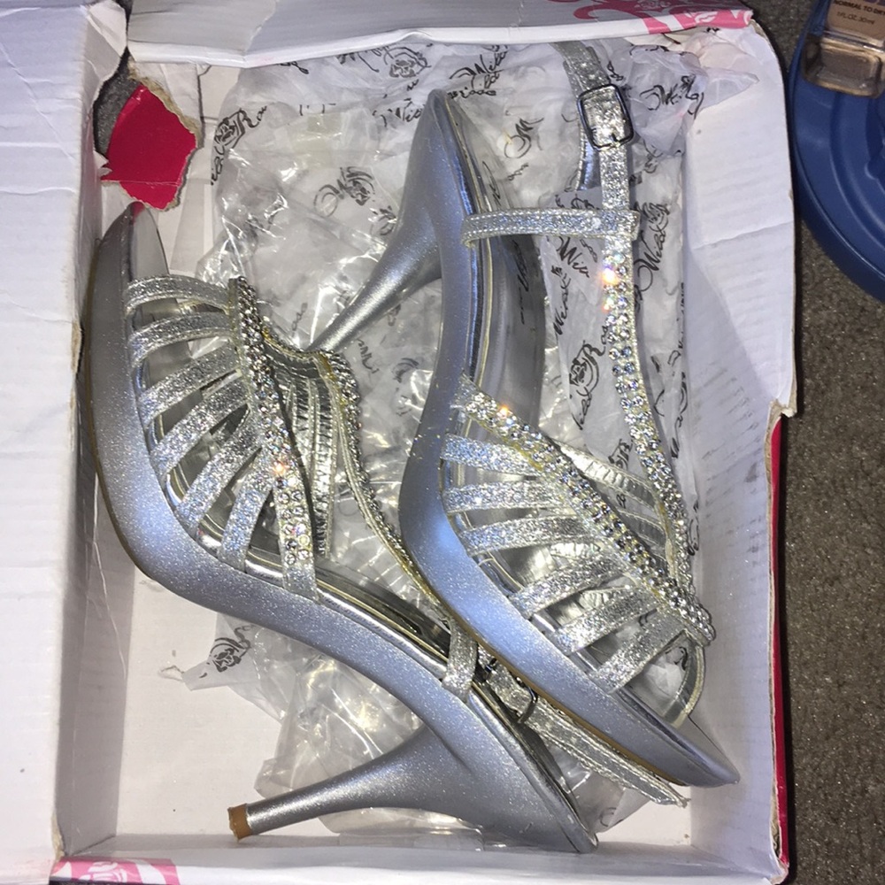 Silver rhinestone heels